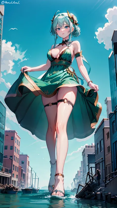 Amidst a bustling port city, seen from the edge of the docks, the sea-green Giantess Goddess with aquamarine eyes creates chaos in a gown made of shimmering scales. Ships and buildings crumble beneath her feet as she strides forward, and she scoops up sail...