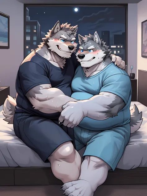 (New Jersey 5) anthro, Wolf ,Chubby,Fat,Thick arms,) Rugged muscles,(((White skin))),Solitary,Chubby Face,Sky blue eyes,(sweat),(smirk:1.2),(Wolf is sitting next to the anthro Wolf showing his feet pointing at them)
BREAK
(anthro Wolf, smirk),(no t-shirt),...