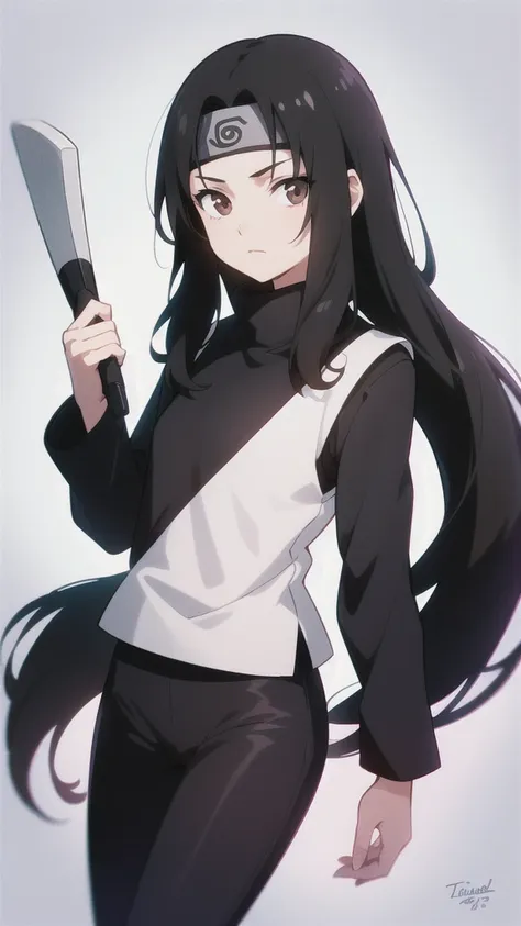 girl, sixteen years old, black hair, brown eyes, black turtleneck, and pants studio pierrot style anime, straight hair, small ey...