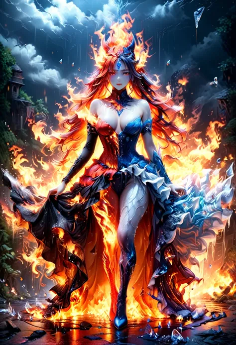 a sorceress of fire making fire dance in a the (storm of rain: 1.3), a most exquisite beautiful sorceress, controlling fire manipulating fire, a woman, dynamic hair color, dynamic hair style, (most beautiful face: 1.3), (ultra detailed face: 1.2), wet hair...