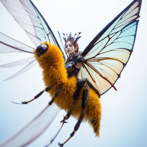 a queen bee, red crown on head, spreading wings and flying, transparent background, fantasy, semi-realistic, watercolor, (best quality,4k,8k,highres,masterpiece:1.2),ultra-detailed,(realistic,photorealistic,photo-realistic:1.37),hdr,uhd,studio lighting,ult...