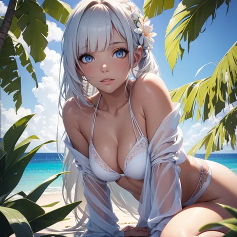 a beautiful girl in a white bikini relaxing on the beach, detailed face and eyes, long eyelashes, glowing skin, sun shining on her, photorealistic, 8k, detailed background with palm trees and clear blue sky, serene and peaceful atmosphere, cinematic lighti...