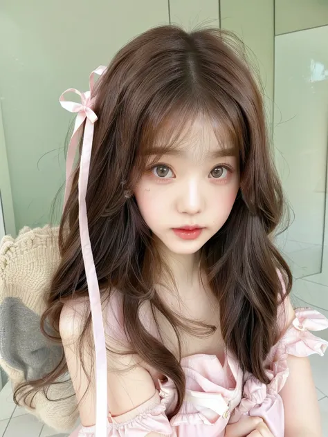 there is a woman with long hair and a pink dress posing for a photo, ulzzang, cute kawaii girl, kawaii realistic portrait, brown...