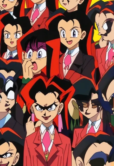 A group of EVIL BLACK BUSINESS WOMAN WEARING A BLOUSE WITH A RED SKIRT SUIT 90s anime art style 