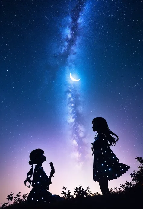  mate piece, silhouette, Milky Way, Orihimes, close-up, profile, monotony, moon, double exposure, Milky Way, (((tanabata))), Tanabata decoration, depth of field, (holographic glow effect), from below, low angle shot, masterpiece,