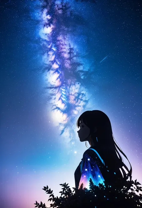 mate piece, silhouette, milky way, orihime's, close-up, profile, monotony, moon, double exposure, milky way, (((tanabata))), tan...