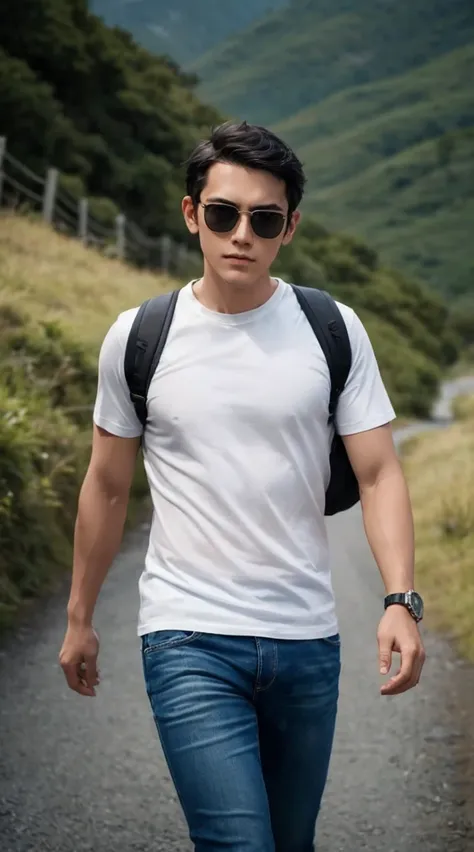 A man wearing white tshirt and blue jeans, wearing sunglasses and bag, wearing smartwatch in the left hand, greenland background, 4D realistic