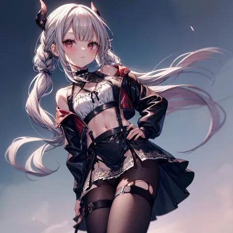 ((Highest quality)), ((masterpiece)), ((detailed)), (4K), 1girl, 独奏, (eyepatch), crop top, leather jacket, Torn miniskirt, suspender skirt, torn pantyhose, panties, panties under pantyhose, choker, bracelet, small breasts, erect nipples, (rain), (wet),  (e...