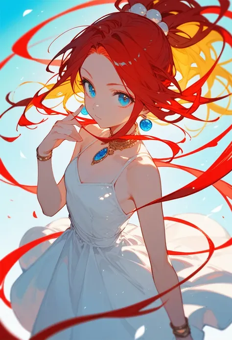 Girl, yellow hair, blue eyes, tandoori, white dress, red hair tie