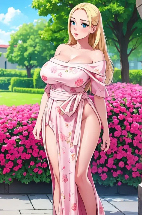 busty woman, with long gold blonde shiny hair, blue big eyes, and round puffy pink lips, pink blushes, tight skinny hourglass figure, wearing a short sexy loose revealing white floral dress along with a pink sash around the waist and a yellow off-shoulder ...