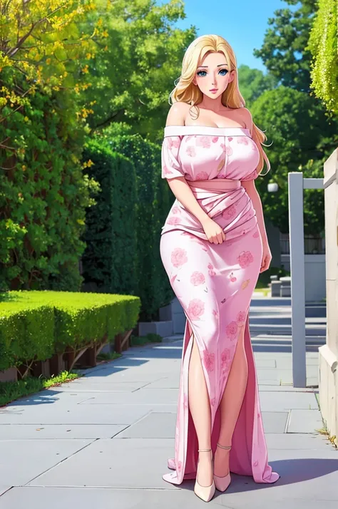 busty woman, with long gold blonde shiny hair, blue big eyes, and round puffy pink lips, pink blushes, tight skinny hourglass figure, wearing a short sexy loose revealing white floral dress along with a pink sash around the waist and a yellow off-shoulder ...