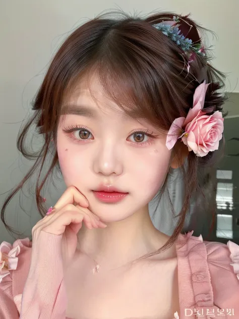 puffy asian woman with a rose flower in her hair, popular south korean makeup, popular korean makeup, ulzzang, cute natural anim...