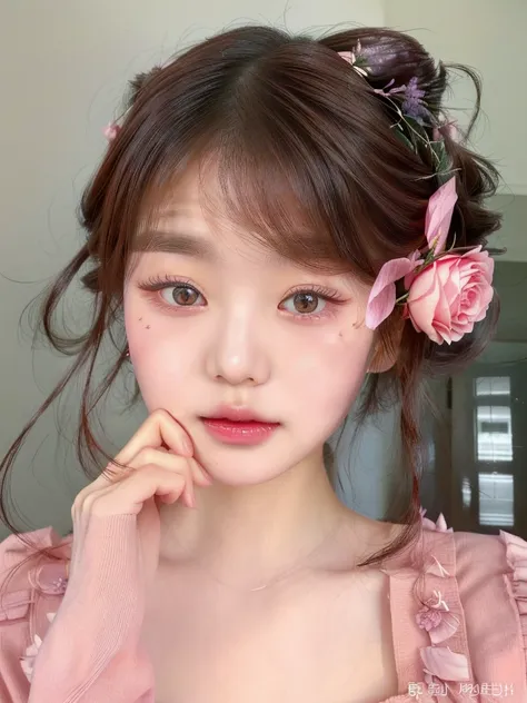 puffy asian woman with a rose flower in her hair, popular south korean makeup, popular korean makeup, ulzzang, cute natural anim...