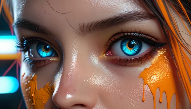 a woman with light blue eyes and orange paint on her face, white skin, scary color art in 4k, 4k color photography portrait, color war, intense colors, 8k artistic portrait photography, cyberpunk colors, fantasy and cosmic horror movie, cinematic colors, p...