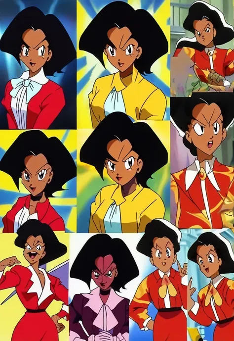 A group of EVIL BLACK BUSINESS WOMAN WEARING A BLOUSE WITH A RED SKIRT SUIT 90s anime art style 