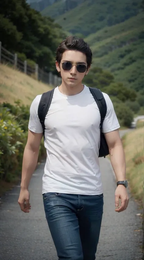 A man wearing white tshirt and blue jeans, wearing sunglasses and bag, wearing smartwatch in the left hand, greenland background, 4D realistic