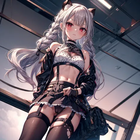 ((Highest quality)), ((masterpiece)), ((detailed)), (4K), (nsfw), 1girl, 独奏, (eyepatch), crop top, leather jacket, Torn miniskirt, suspender skirt, torn pantyhose, panties, panties under pantyhose, choker, bracelet, small breasts, erect nipples, (rain), (w...