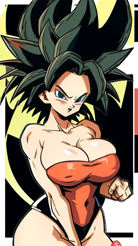 Caulifla, 1girl, solo, black eyes, black hair, black hair, bangs, hair, dragon_ball, dbz, toriyama akira (style), bunny suit clothes, black bunny corset,blue leggings, bare shoulders, big breast, neck bunny ring,masterpiece, best quality,  8k, detailed fac...