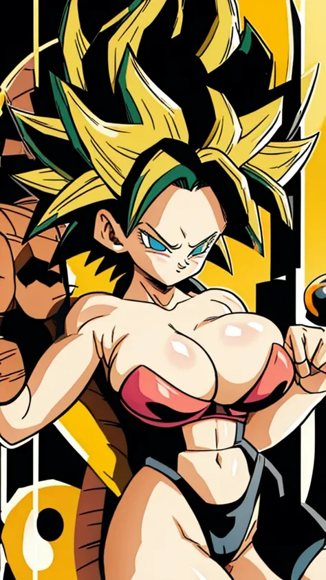 Caulifla, 1girl, solo, black eyes, black hair, black hair, bangs, hair, dragon_ball, dbz, toriyama akira (style), bunny suit clothes, black bunny corset,blue leggings, bare shoulders, big breast, neck bunny ring,masterpiece, best quality,  8k, detailed fac...