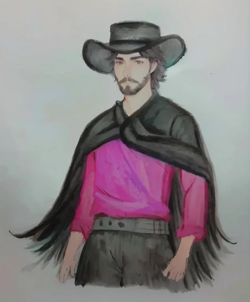 desenho de um nativo Gaucho, homem com red shirt, bomber pants, Gaucho, black poncho scarf, hat and beard,  red shirt, with your black hair, water colour, pastel art, colourful drawing, colored pencil drawing