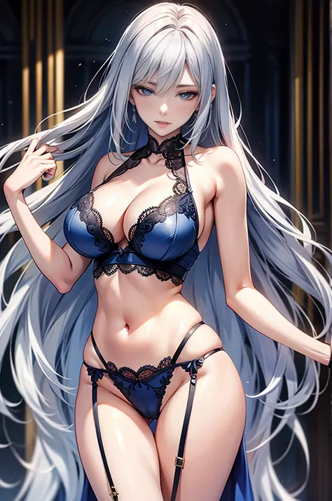 Mature beautiful woman, Silver Hair, blue eyes, lace thong, art，Anime figure, Attention to detail