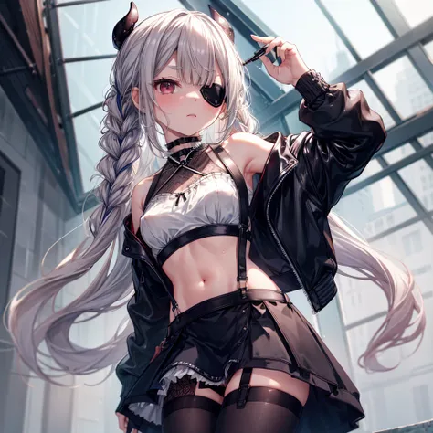 ((Highest quality)), ((masterpiece)), ((detailed)), (4K), (nsfw), 1girl, 独奏, (eyepatch), crop top, leather jacket, Torn miniskirt, suspender skirt, torn pantyhose, panties, panties under pantyhose, choker, bracelet, small breasts, erect nipples, (rain), ((...