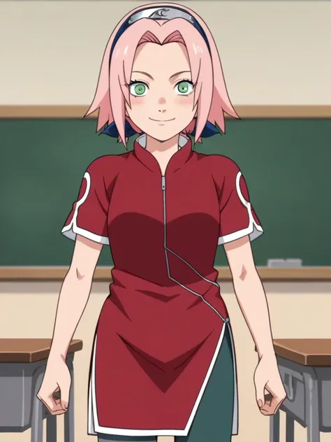 score_9, score_8_up,source_anime,
1girl, haruno sakura, pink hair, short hair, green eyes, red shirt, red qipao, short sleeves, ...