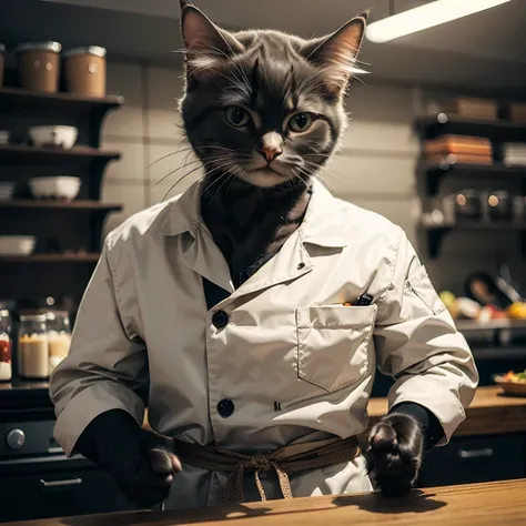 (Highest quality, masterpiece:1.2),pressure,Restaurant kitchen、Black cat dressed as a chef、cute