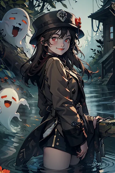 1 girl solo, brown jacket, long brown hair, red eyes, brown hat with red flowers, white ghost smiling, outside in a swampy forest at night, swamp lights, ghost figures around, blue lights flying in the air, will-o-the-wisp