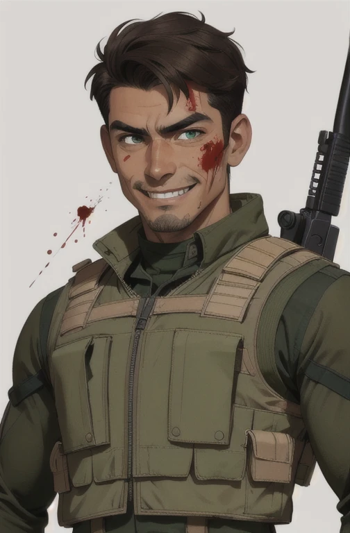 mexican man, dark brown hair and green eyes. He has a well-equipped military suit and a bulletproof vest.... He has a rifle in his hands, his face stained with blood, he has a macabre smile. 