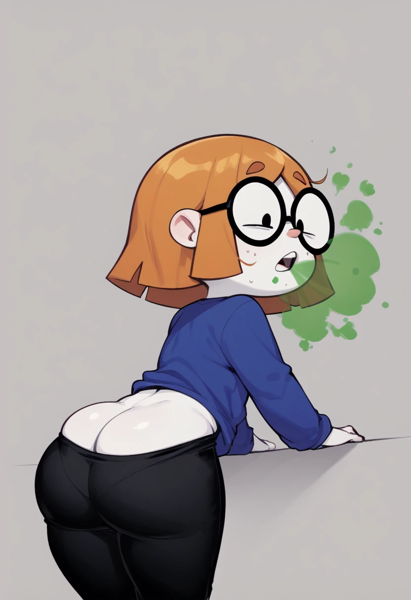 illymation, orange, hair, round black glasses, white skin, shortstack, blue shirt, black pants, short hair, back view, farting, yellow gas, butt, gassy, fart