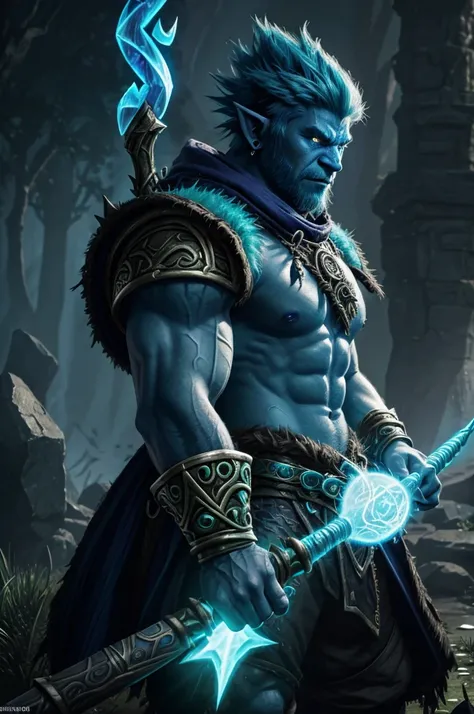 mage troll world of warcraft, blue-skinned troll character, green mohawk hair, glowing eyes, magical staff, fantasy character, detailed facial features, detailed textures, dramatic lighting, vibrant colors, dark moody atmosphere, intricate character design...