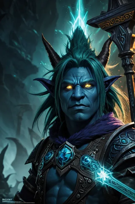 mage troll world of warcraft, blue-skinned troll character, green mohawk hair, glowing eyes, magical staff, fantasy character, detailed facial features, detailed textures, dramatic lighting, vibrant colors, dark moody atmosphere, intricate character design...