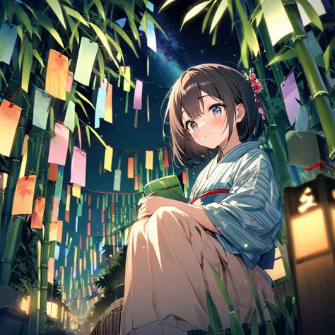 Milky Way in the night sky
break
There are many bamboo decorations for Tanabata.
break
A town at night decorated with Tanabata bamboo、15-year-old girl、Yukata, 