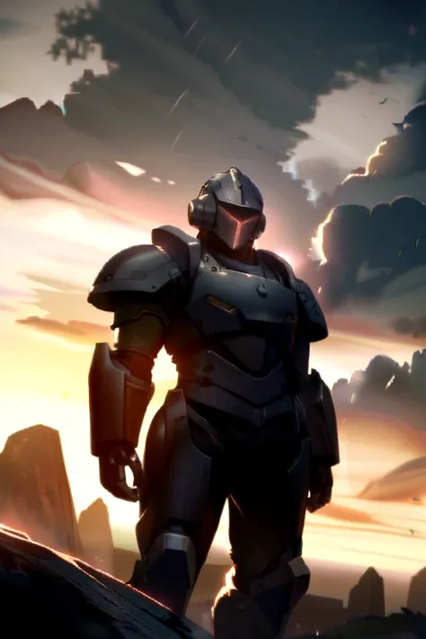 A man in a robot helmet and iron armor 