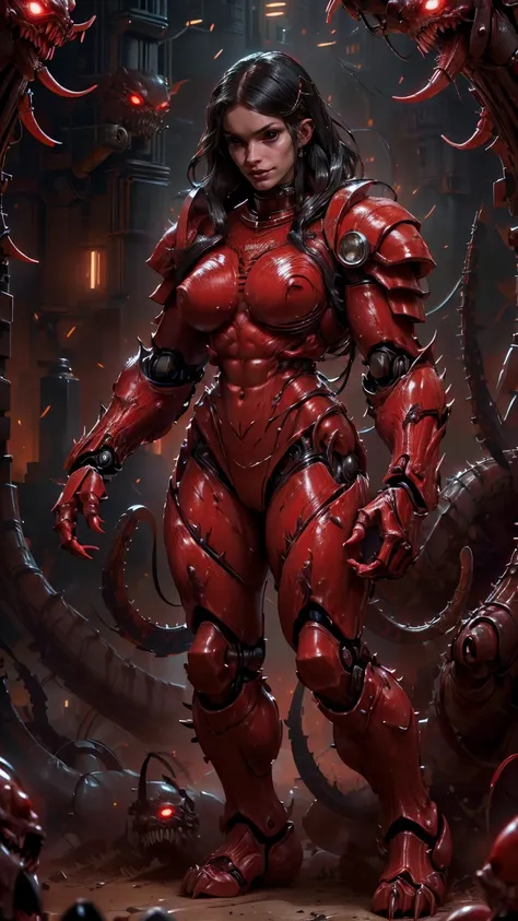 Megan fox as armored carnage, (red carnage skinless muscular bio-mecha armor:1.25), (mouth wide open, carnage style:1.25), (full body view:1.25), Realistic, Very detailed face and eyes, (masterpiece:1.1), (beautiful girl face:1.45)