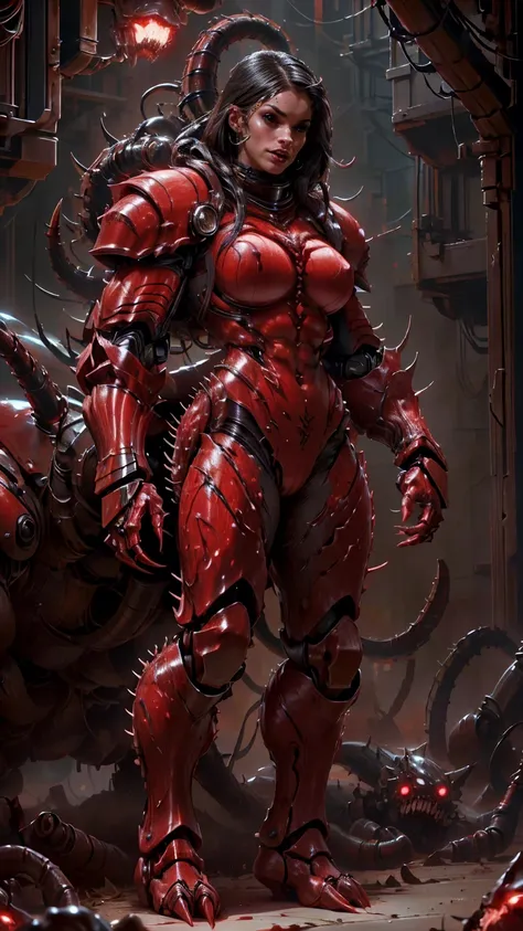 Megan fox as armored carnage, (red carnage skinless muscular bio-mecha armor:1.25), (mouth wide open, carnage style:1.25), (full body view:1.25), Realistic, Very detailed face and eyes, (masterpiece:1.1), (beautiful girl face:1.45)