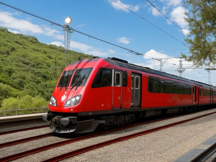 a modern train rushes along the rails with an image of a heart on the carriages and a heart painted on the locomotive