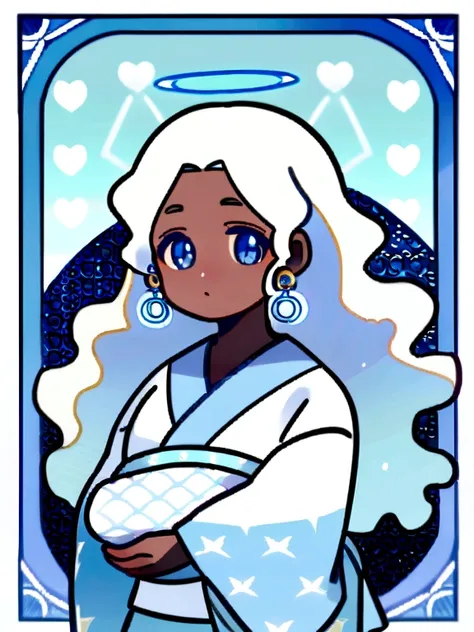 A dark-skinned man with very happy blue eyes, with short, fluffy hair with some navy blue strands, wears a white yukata with a baby blue star print and bells as accessories, She also has some Japanese earrings that are like a circle and at the bottom they ...