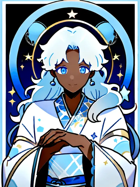 A dark-skinned man with very happy blue eyes, with short, fluffy hair with some navy blue strands, wears a white yukata with a baby blue star print and bells as accessories, She also has some Japanese earrings that are like a circle and at the bottom they ...