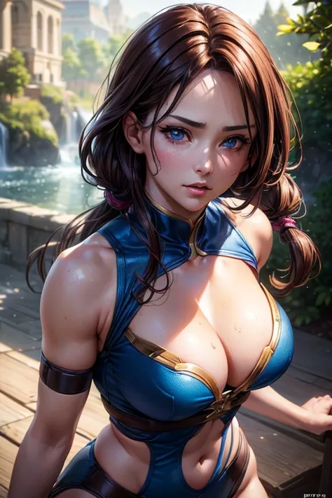 One girl, dark auburn hair, hourglass figure, broad shoulders, slim waist, wide hips, medium bust, in a combat stance holding a boxe wearing blue and white sportswear, beautiful detailed eyes, beautiful detailed lips, extremely detailed eyes and face, long...