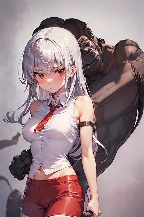 masterpiece, best quality,anime style, 1 girl,(((slender body))), (((small breast))),(((hot pants, white tanktop,red tie))),(((((a gorilla man grabbing the girl))))), ((((restrained, arms behind back)))),((((cum)))), (beautiful face), (((long hair))), (((s...