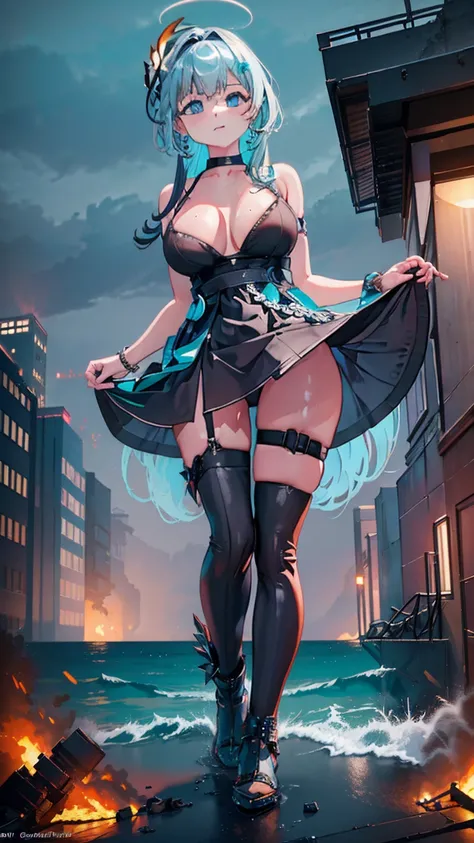 In a stormy coastal city, seen from a pier perspective, the storm-gray Giantess Goddess with electric-blue eyes causes mayhem in a dress of swirling storm clouds. Each step creates waves and crushes buildings, and she revels in the terror of the people she...