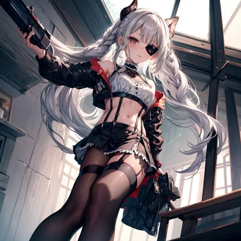 ((Highest quality)), ((masterpiece)), ((detailed)), (4K), (nsfw), 1girl, 独奏, (eyepatch), crop top, leather jacket, Torn miniskirt, suspender skirt, torn pantyhose, panties, panties under pantyhose, choker, bracelet, small breasts, erect nipples, (rain), ((...