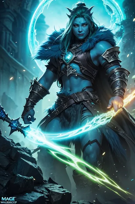 mage troll world of warcraft, blue-skinned troll character, green mohawk hair, glowing eyes, magical staff, fantasy character, detailed facial features, detailed textures, dramatic lighting, vibrant colors, dark moody atmosphere, intricate character design...