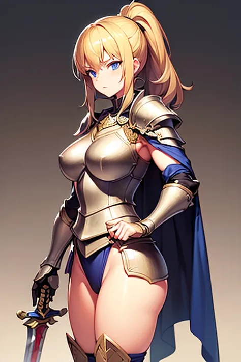 solo,masterpiece, extra limbs, 1lady, 25 years old, ((gold long high ponytail)), gold pubic hair, slant blue eyes, medium pointy breasts large areolas, muscle, serious, standing,(holding a Holy sword with her right arm), (((clothed plate armor knight cape)...