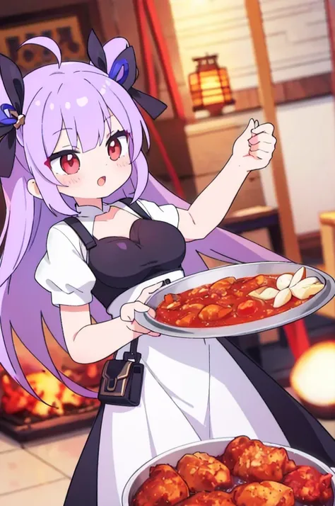 Girl, purple hair, red eyes, tandoori, white dress