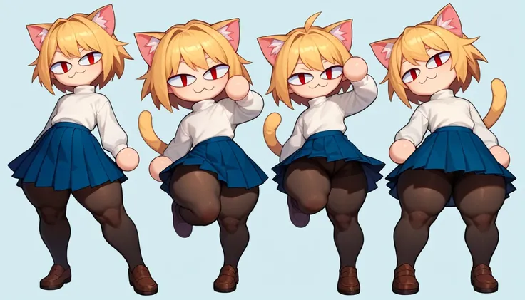 score_9, score_8_up, score_7_up, score_6_up, score_5_up, score_4_up, BREAK, 1boy, solo, necoarc, lit pupils, cat ears, blonde hair, red eyes, :3, turtleneck, blue skirt, pleated skirt, pantyhose, brown footwear, highlight thighs, thick thighs, seductive po...