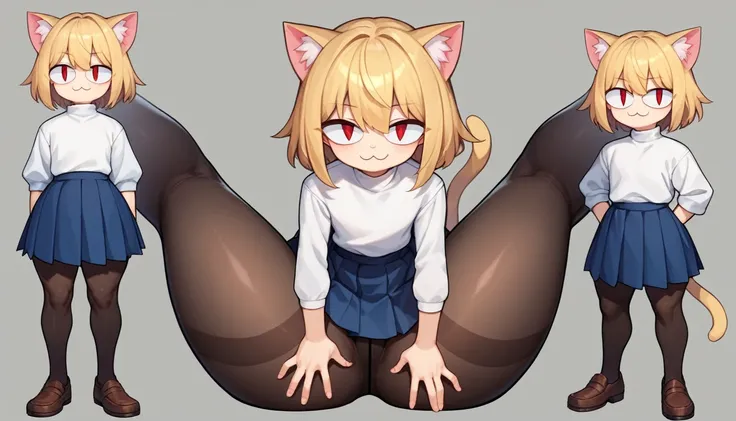 score_9, score_8_up, score_7_up, score_6_up, score_5_up, score_4_up, BREAK, 1boy, solo, necoarc, lit pupils, cat ears, blonde hair, red eyes, :3, turtleneck, blue skirt, pleated skirt, pantyhose, brown footwear, highlight thighs, thick thighs, seductive po...