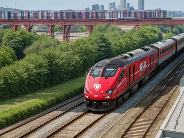 a modern train rushes along the rails with an image of a heart on the carriages and a heart painted on the locomotive